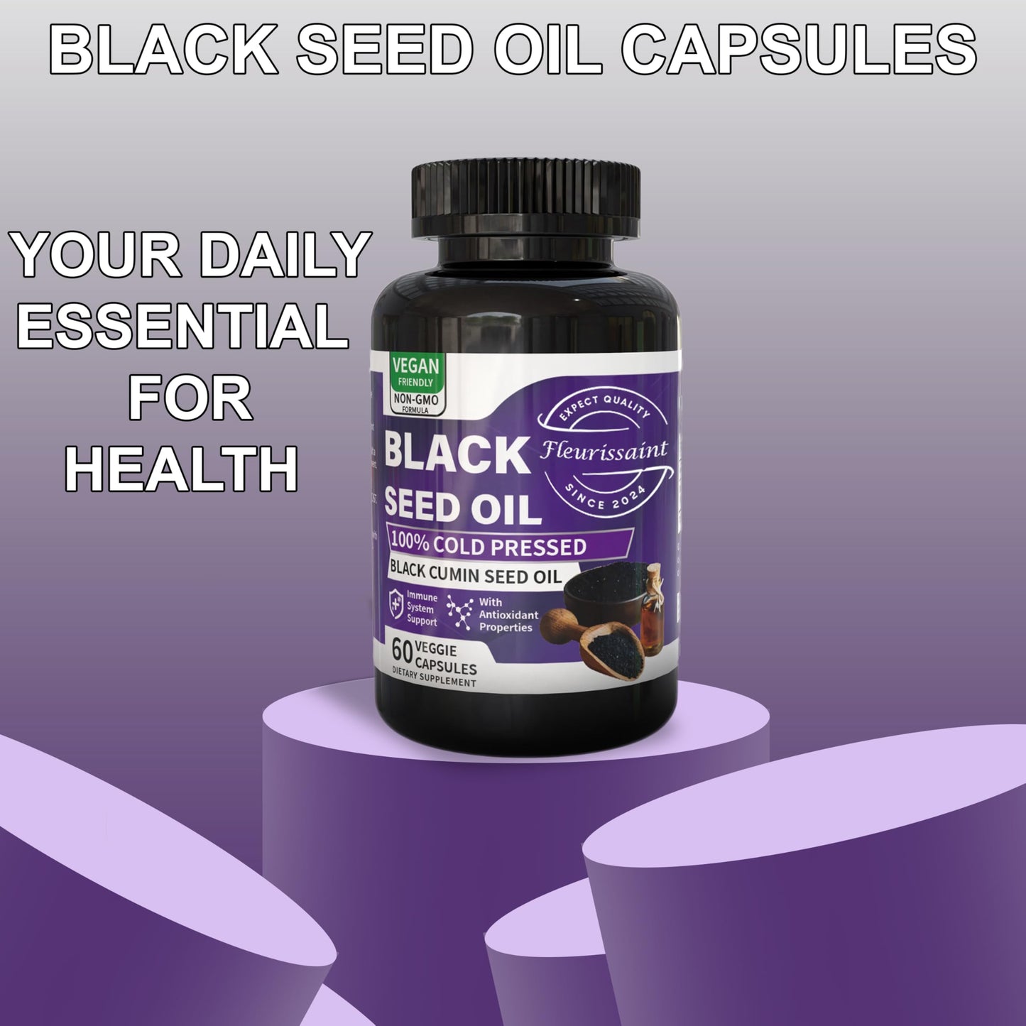Fleurissant Extra Strength Black Seed Oil Capsules – 100% Pure Cold-Pressed Black Cumin Seed – Vegan, Non-GMO Softgels for Immune, Joint & Digestive Support – 60 Count