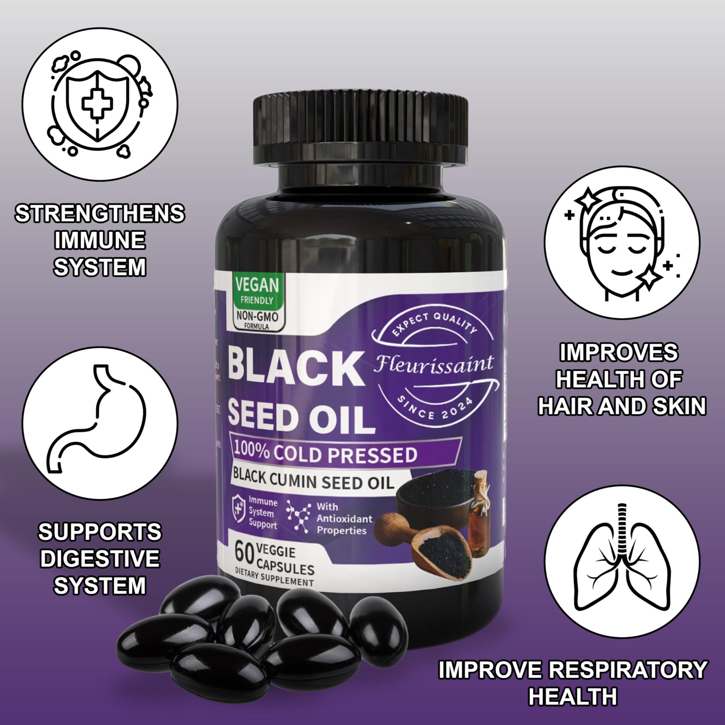 Fleurissant Extra Strength Black Seed Oil Capsules – 100% Pure Cold-Pressed Black Cumin Seed – Vegan, Non-GMO Softgels for Immune, Joint & Digestive Support – 60 Count