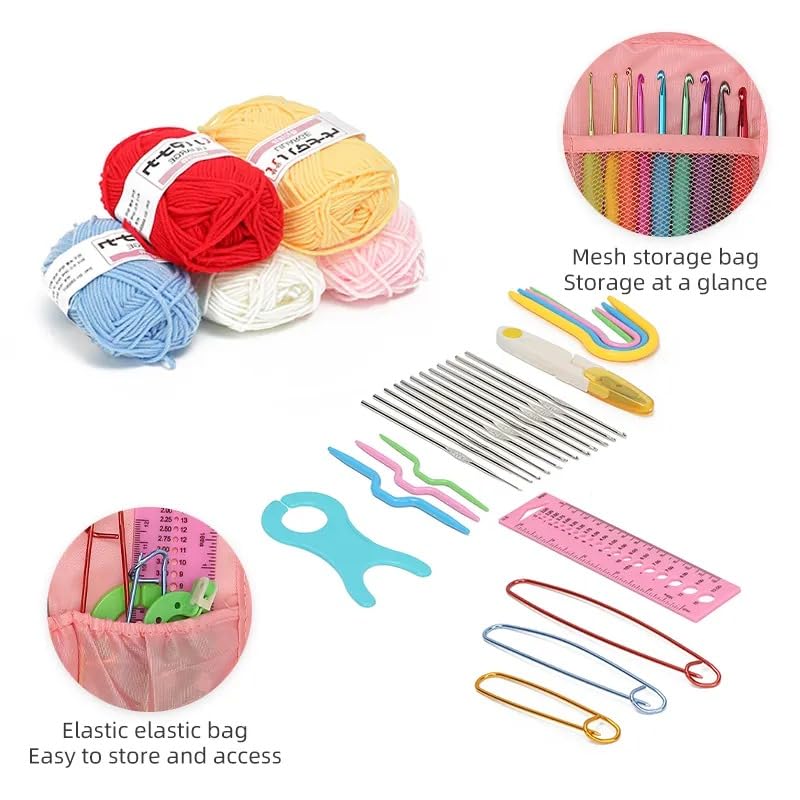 fleurissaint 59-Piece Crochet Hook Kit for Beginners and Adults – Complete Knitting and Crochet Set with Yarn, Needles, Stitch Markers, Scissors, and Storage Bag for DIY Projects