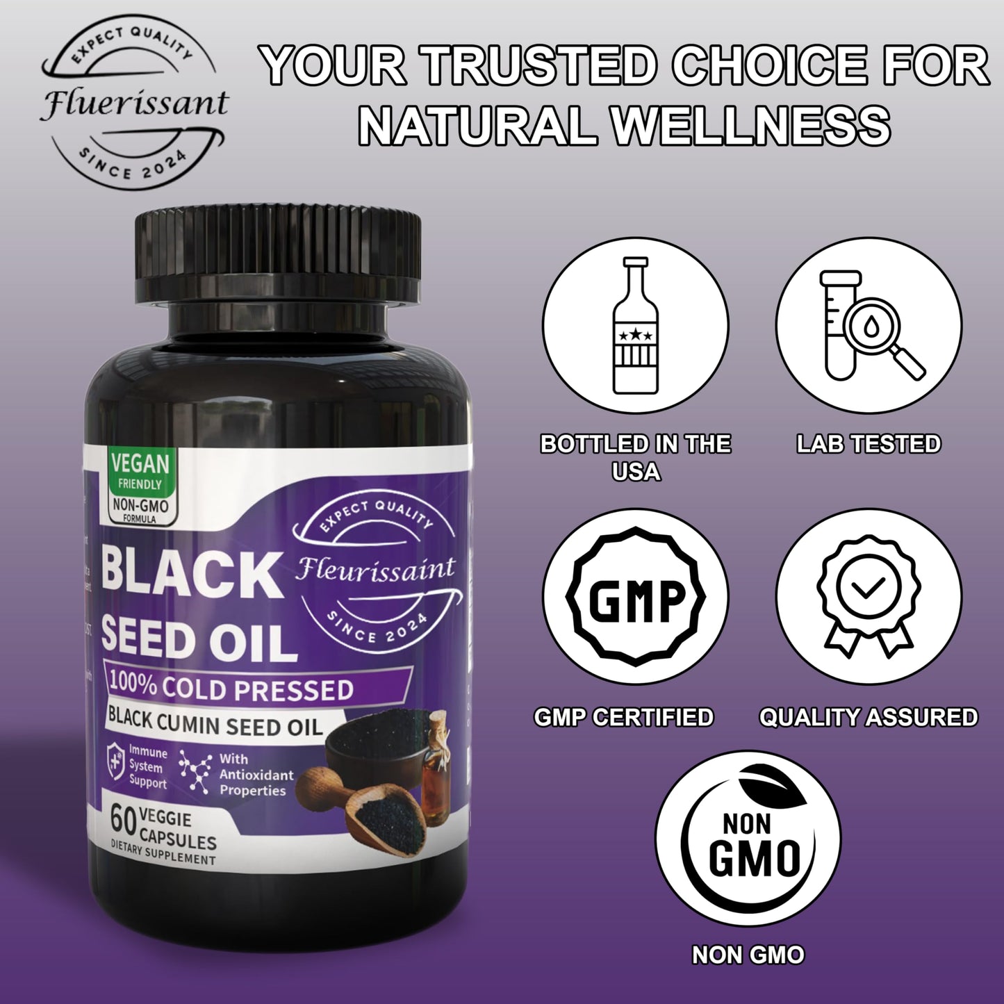 Fleurissant Extra Strength Black Seed Oil Capsules – 100% Pure Cold-Pressed Black Cumin Seed – Vegan, Non-GMO Softgels for Immune, Joint & Digestive Support – 60 Count