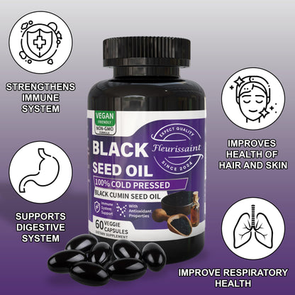 Fleurissant Extra Strength Black Seed Oil Capsules – 100% Pure Cold-Pressed Black Cumin Seed – Vegan, Non-GMO Softgels for Immune, Joint & Digestive Support – 60 Count
