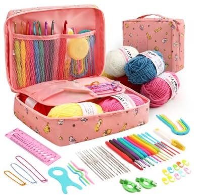 fleurissaint 59-Piece Crochet Hook Kit for Beginners and Adults – Complete Knitting and Crochet Set with Yarn, Needles, Stitch Markers, Scissors, and Storage Bag for DIY Projects